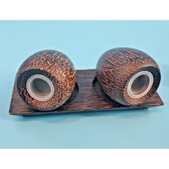 Palm Wood Salt &  Pepper Shakers Set w/ Tray & Tookpick Holder Rustic Farmhouse - Picture 5 of 15